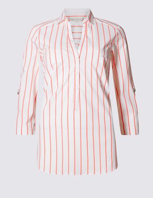 3/4 Sleeve Fuller Bust Striped Popover Shirt